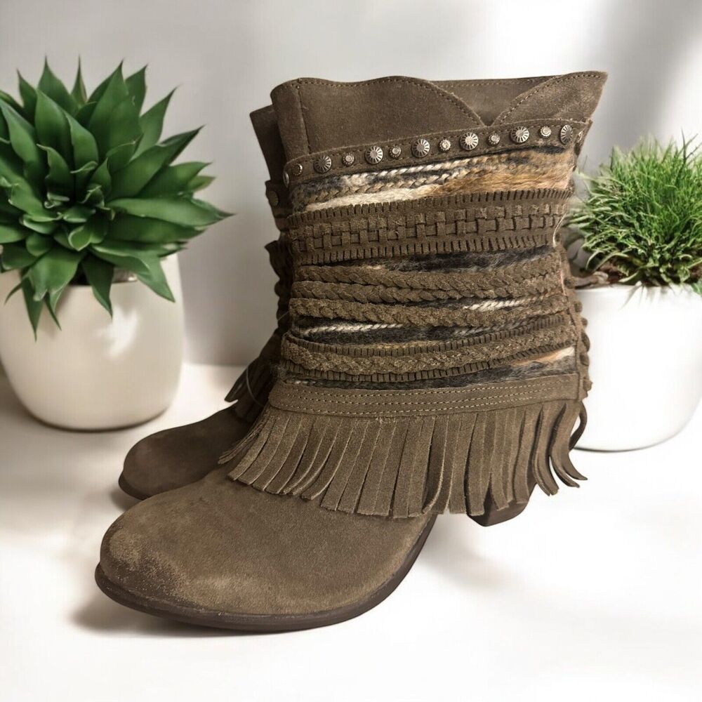 Naughty Monkey Ankle Suede Boho Fringe Booties Leather Women’s Size 9.5